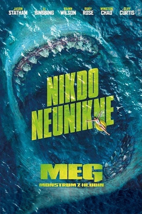 MEG: Monstrum z hlubin. Obrovský tvor napadne ponorku, která nyní leží poškozená na dně podmořského příkopu v Pacifiku. Zkušený hlubinný záchranář Jason Statham je najat, aby zachránil uvězněnou posádku ponorky před nezadržitelnou hrozbou, obřím pravěkým žralokem. Má ale vůbec proti největšímu predátorovi šanci? Americko-čínský akční thriller (2018). Dále hrají R. Rose, R. Taylor, C. Curtis, R. Wilson, B. Li, M. Oka, Ó. D. Ólafsson, J. McNamee a další. Režie J. Turteltaub