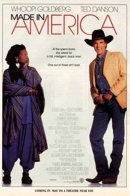 Made in America. Zdrcující překvapení čeká Whoopi Goldberg když zjistí, že anonymní otec její dcery není ideální černoch, ale ideální běloch - obchodník s ojetými auty. Americko-francouzský film (1993). Dále hrají T. Danson, N. Long, W. Smith, P. Rodriguez, J. Tilly a další. Režie R. Benjamin