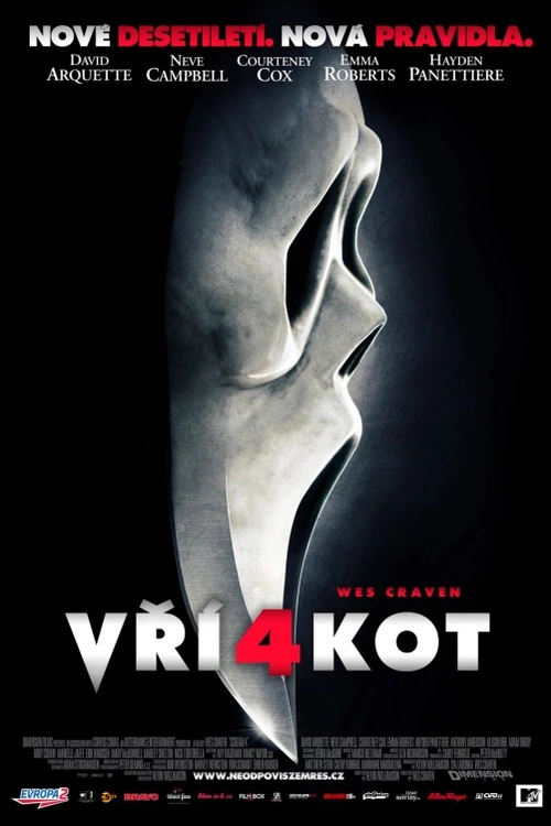 Horrorová série, která obrodila žánr a přinesla celosvětově zisk vyšší než 500 milionů dolarů, je zpět! Nového filmu od Wese Cravena a Kevina Williamsona, tvůrců původní trilogie Scream, se účastní původní členové obsazení Neve Campbell, Courteney Cox Arquettová a David Arquette spolu se skupinou nových hvězd včetně Emmy Robertsové a Haydena Panettiera, kteří se snad udrží naživu dost dlouho na to, aby přišli na kloub novým pravidlům téhle jedinečné horrorové podívané!