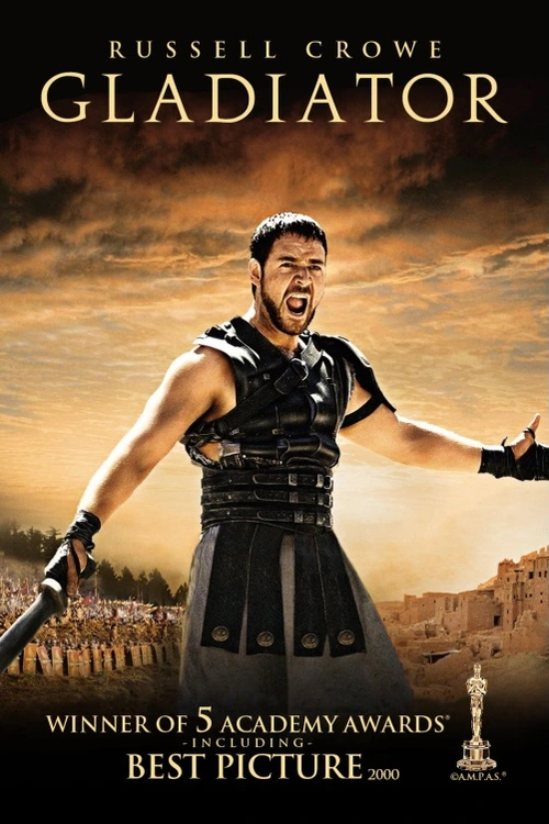 Gladiátor. Římský generál Maximus vede legie k vítězství, ale místo klidu domova jej čeká úkol vládnout od umírajícího vládce. Jeho nástupce Commodus žárlí a nařizuje Maximovu popravu. Maximus zraněný unikne a stane se gladiátorem. Jeho cílem je pomstít vraždu rodiny a porazit Commoda.