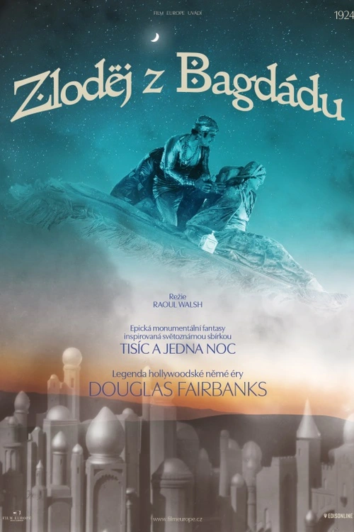 Zloděj se zamiluje do dcery bagdádského chalífy. Chalífa dá její ruku tomu nápadníkovi, který po sedmi měsících přinese nejvzácnější poklad. Jedno z deseti nejlepších mistrovských děl hollywoodské němé éry, restaurované z 35mm originálního negativu. Tento romanticko-hrdinský příběh z pohádek Tisíce a jedné noci byl zamilovaným projektem hollywoodské megastar, producenta Douglase Fairbankse, který po jeho předcházejících úspěších kostýmních Tří mušketýrů, Zorra mstitele a Robina Hooda upevnil Fairbanksův status největší hvězdy dobrodružných akčních filmů své doby a jedné z prvních „multihyperhvězd“ tohoto žánru. Fairbanks tu vystupuje v roli bezbožného zloděje Ahmeda, který si vydobyl pověst největšího lupiče Bagdádu. Zamiluje se do krásné princezny a oba se rozhodnou vzít, zasáhne však její otec, bagdádský kalif, a sňatek zakáže. To spustí řetěz událostí, v nichž se objeví křišťálová koule, kouzelné jablko, pegas, neviditelný plášť… a samozřejmě i létající koberec. Na filmu Zloděj z Bagdádu se nešetřilo: šlo